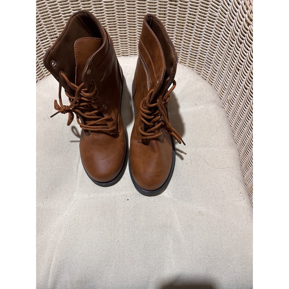 Olivia + Kate Leanna-13L Cognac Brown Combat Lace Up Buckle Ankle Boots 8.5